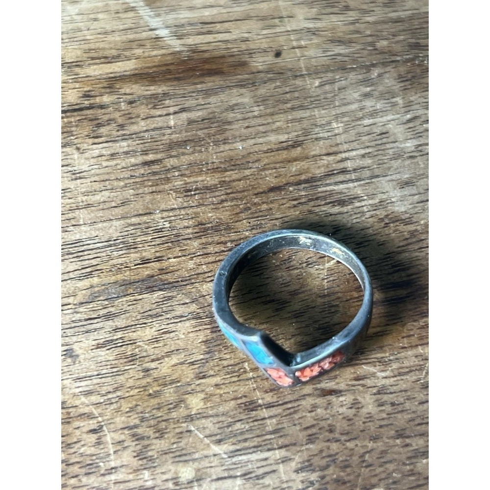 Antique Vtg Turquoise And Coral Crushed Stone Ring Sterling Silver Southwestern - Picture 3 of 5